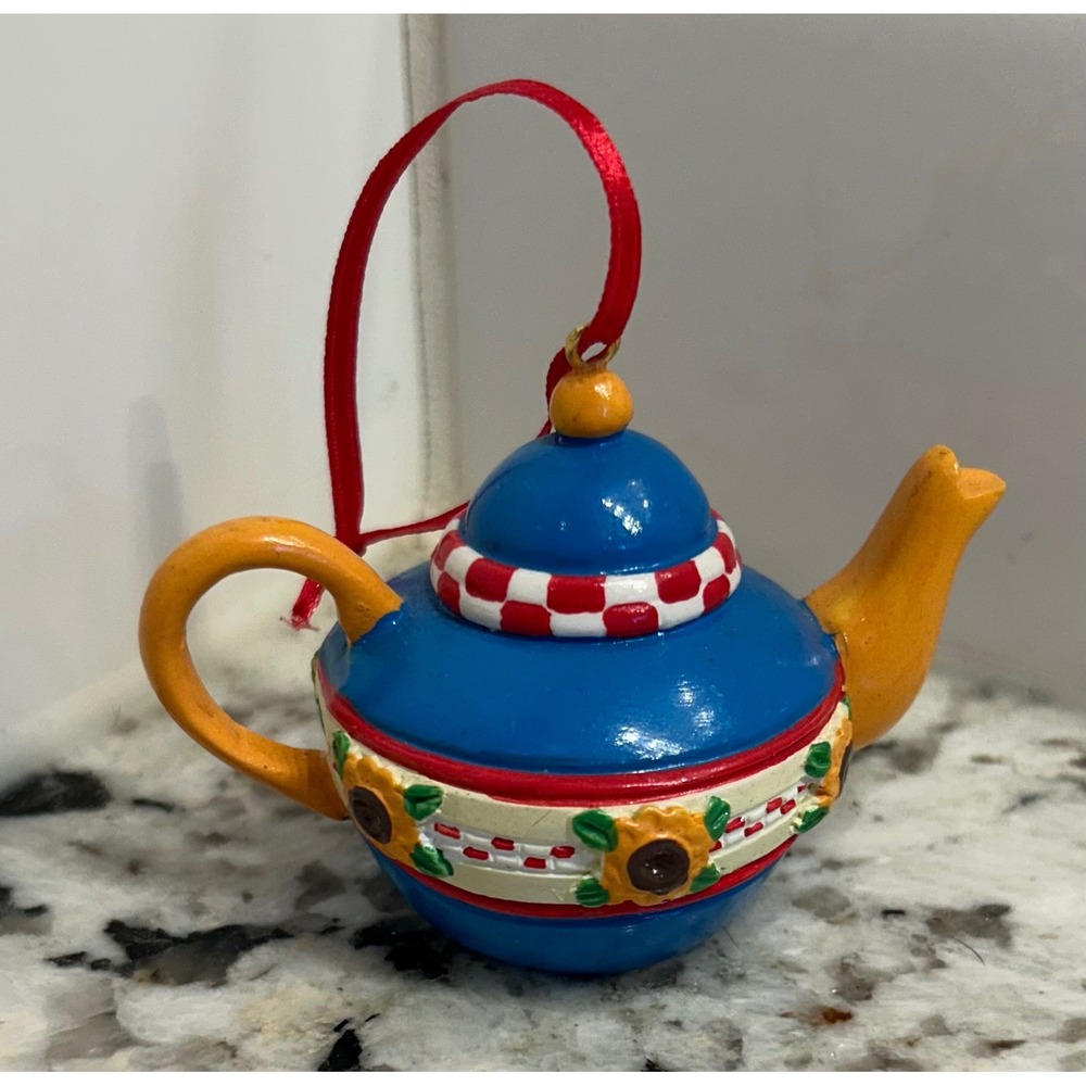 Mary Engelbreit Ink Teapot Christmas Ornament Blue Sunflower Checkered‎ Resin